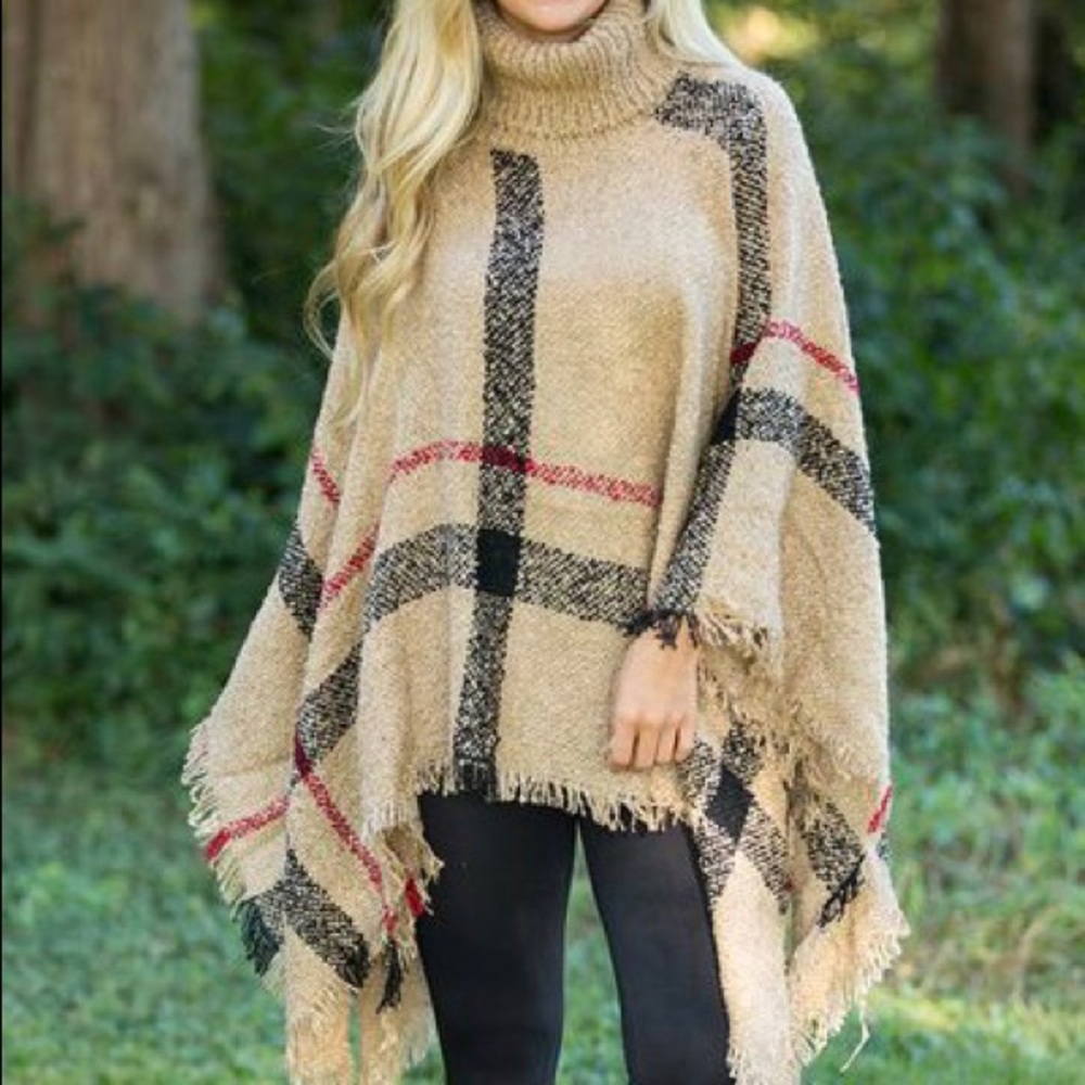 Tan plaid poncho, one size, NWT